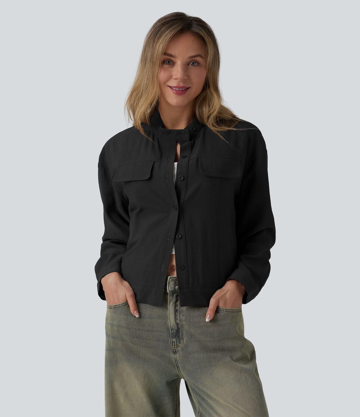 Veste cargo casual col montant manches longues avec poches
