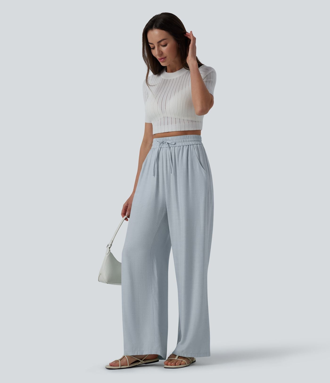 Pantalon casual large fluide mélange lin taille haute avec cordon de serrage et poches