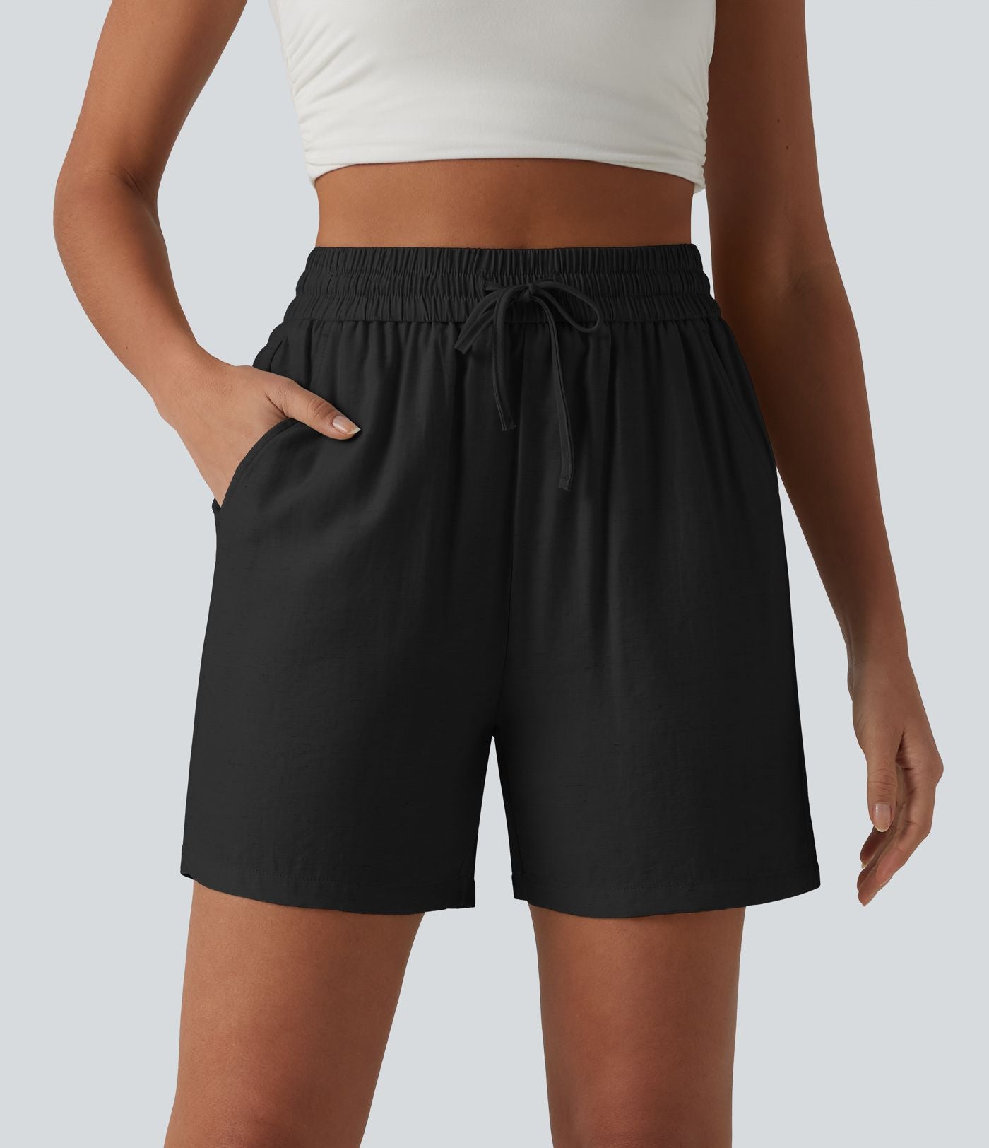 Short décontracté ample en lin mélangé taille haute avec cordon de serrage, 12,5 cm, et poches