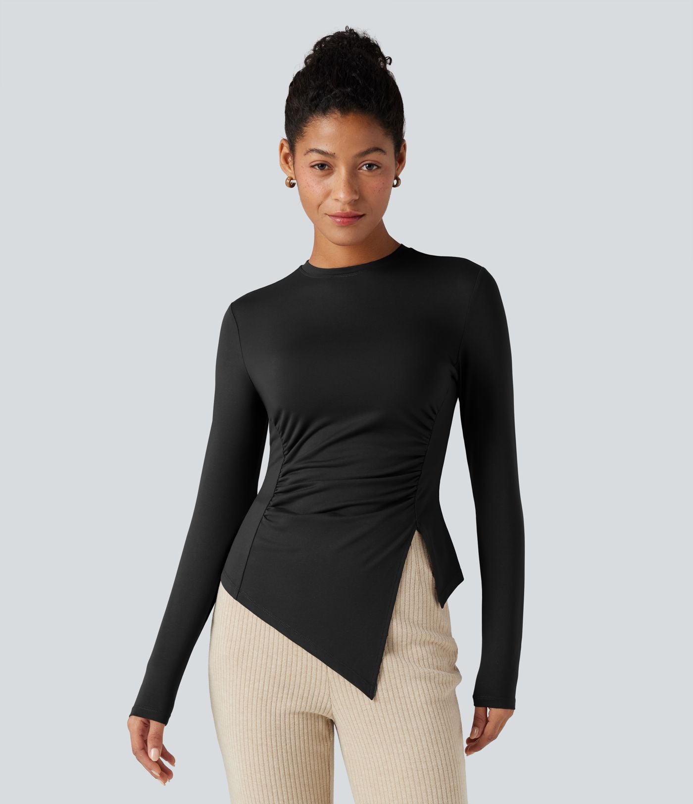 T-shirt froncé ourlet fendu manches longues