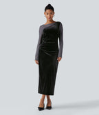 Robe de soirée midi en velours col rond à manches longues froncée avec mesh contrastant