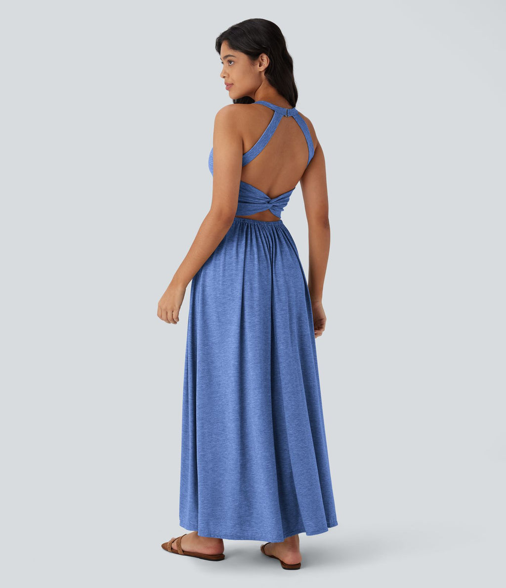 Robe longue fluide fendue avec poches latérales, dos nu et effet torsadé