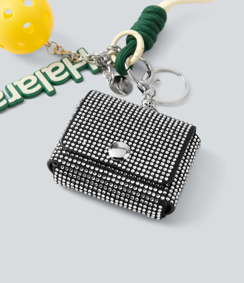 Étui à écouteurs en forme de petit sac à chaîne métallique orné de strass