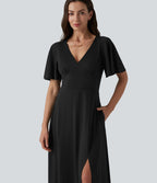 Robe longue fluide de demoiselle d'honneur et d'invitée de mariage, fendue, à manches à volants et col V profond, avec soutien-gorge intégré et poches