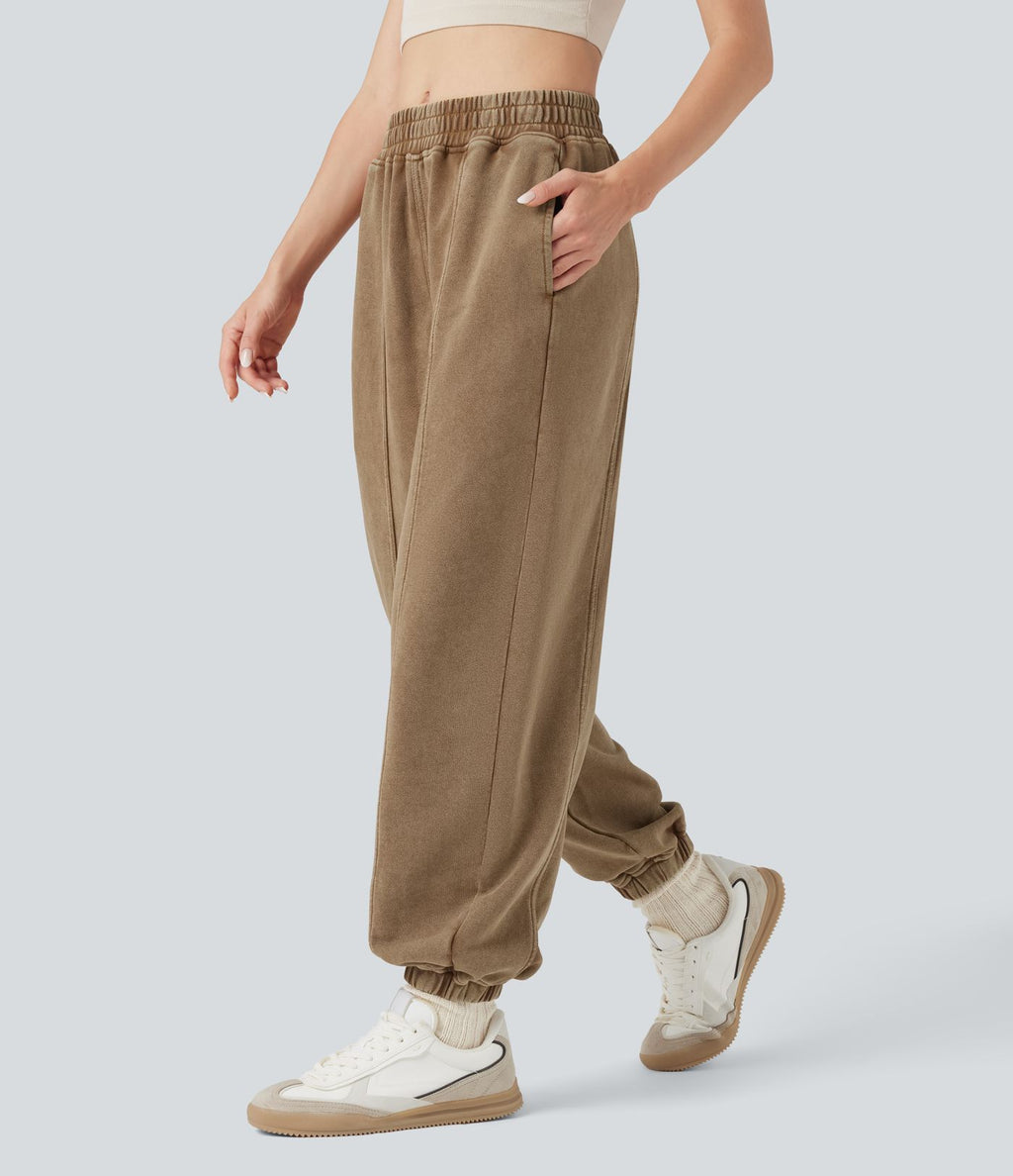 Pantalon jogging coton molleton français délavé taille mi-haute avec poches