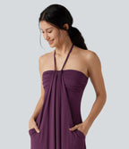 Robe midi trapèze dos-nu à nouer, à poches