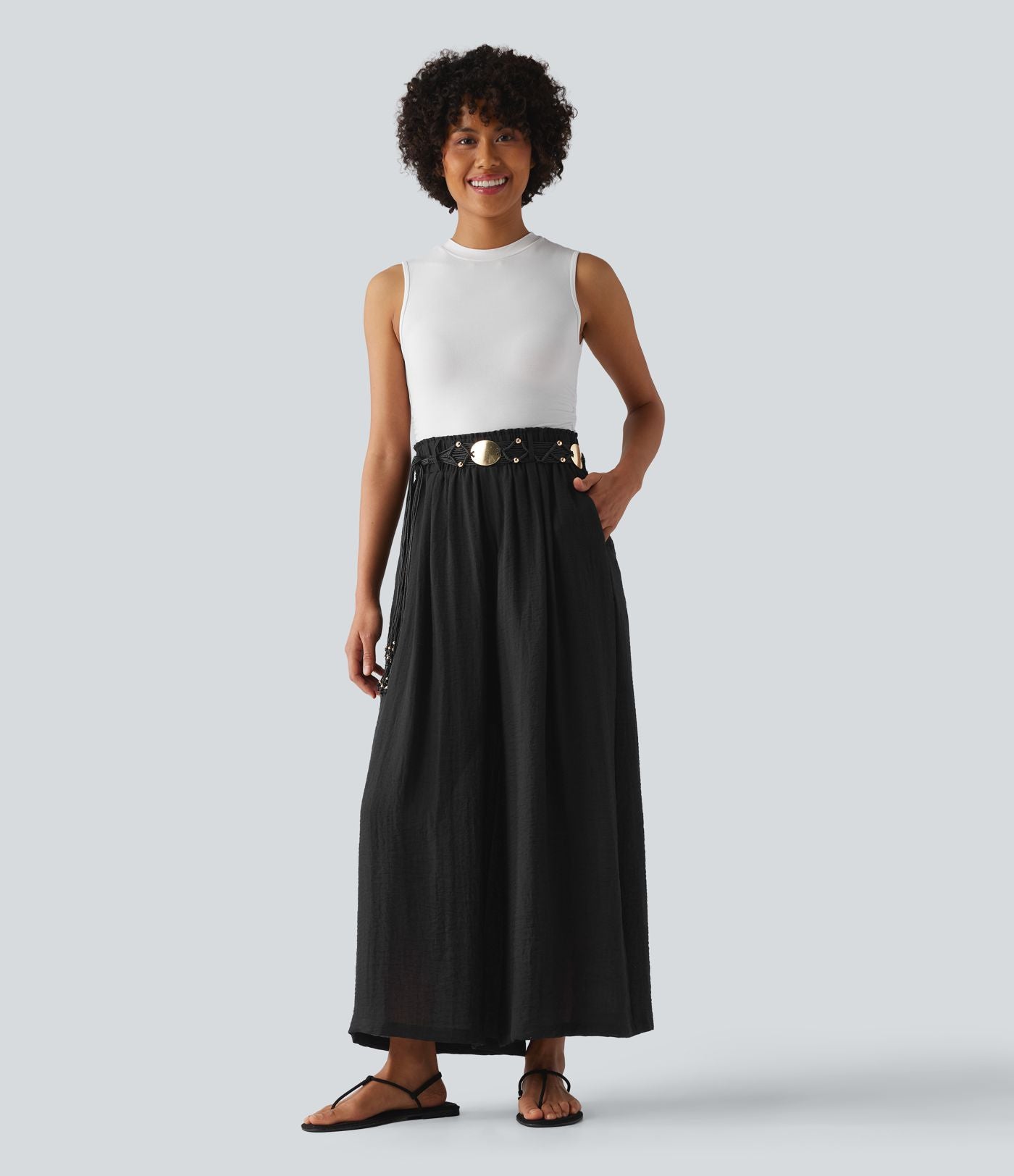 Pantalon fluide ample décontracté taille haute avec poches