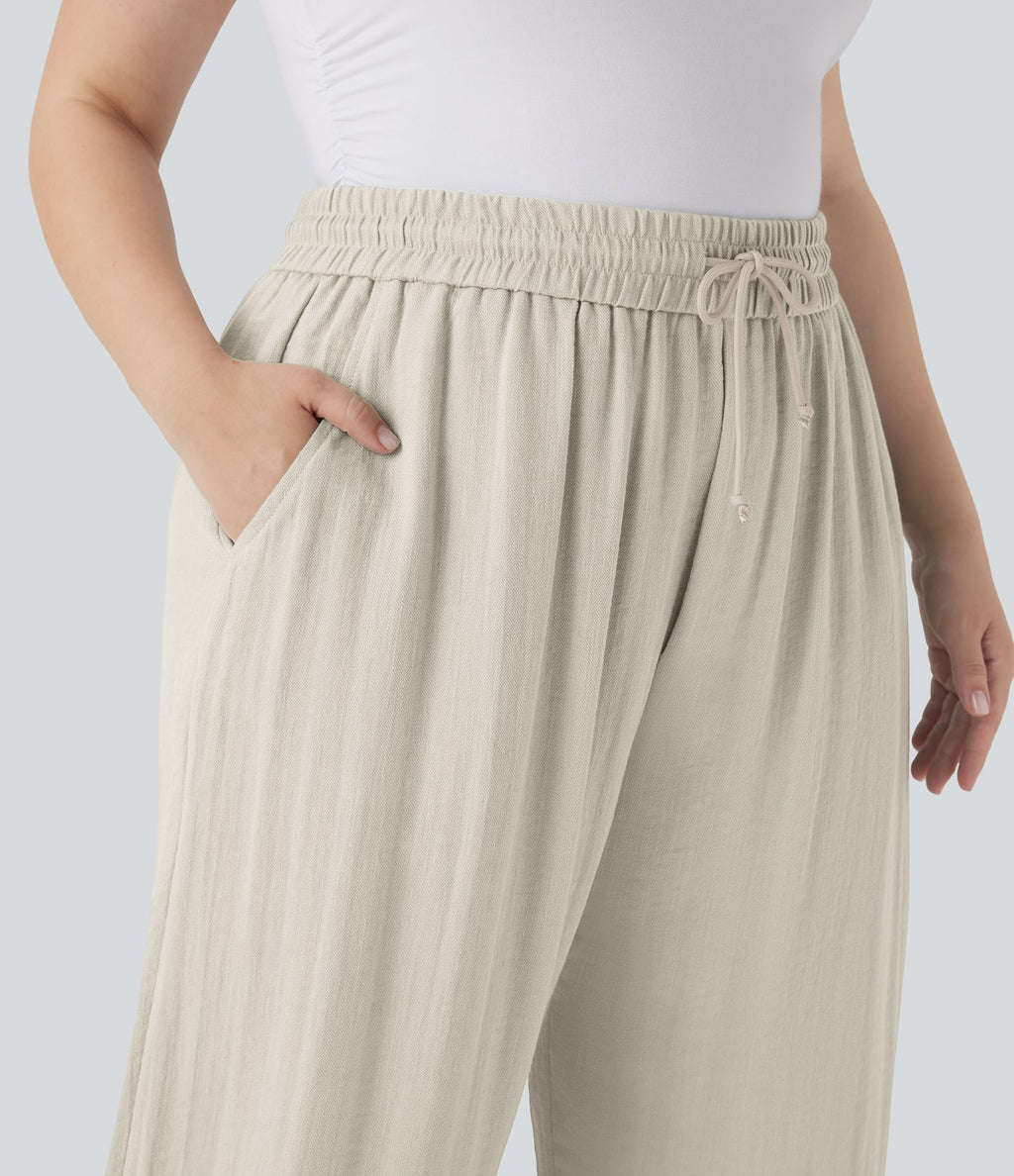 Pantalon décontracté grande taille large fluide taille haute effet lin avec cordon de serrage et poches