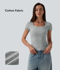 T-shirt Halara décontracté en jersey de coton, col carré, manches courtes, coupe ultra-ajustée effet chiné