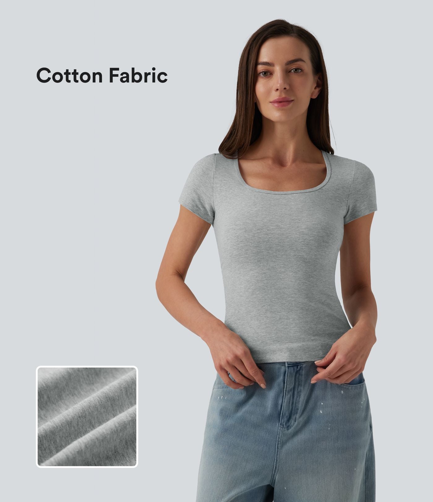 T-shirt Halara décontracté en jersey de coton, col carré, manches courtes, coupe ultra-ajustée effet chiné
