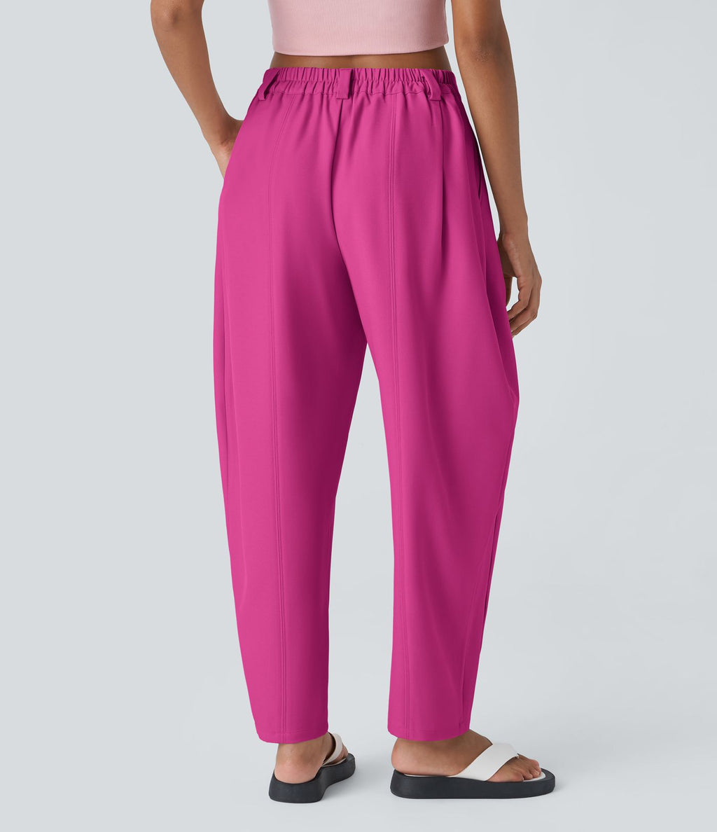 Pantalon tailleur ample, taille moyenne, coupe barrel, à poches