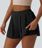 Short tailleur casual 2-en-1 côtelé maille taille haute avec poches