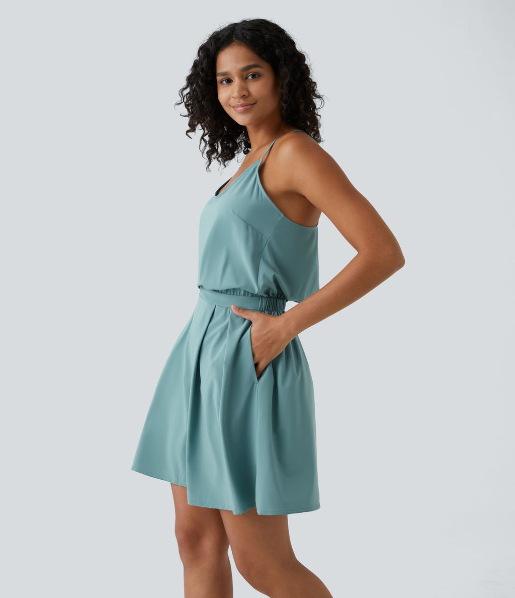 Breezeful™ Robe Casual Plissée à Bretelles Réglables Mini Dos Nu Découpée Poche Latérale Séchage Rapide