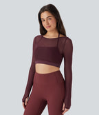 Haut de sport yoga crop top 2-en-1 avec col licou, dos nu, manches longues, passe-pouces et mesh contrastant