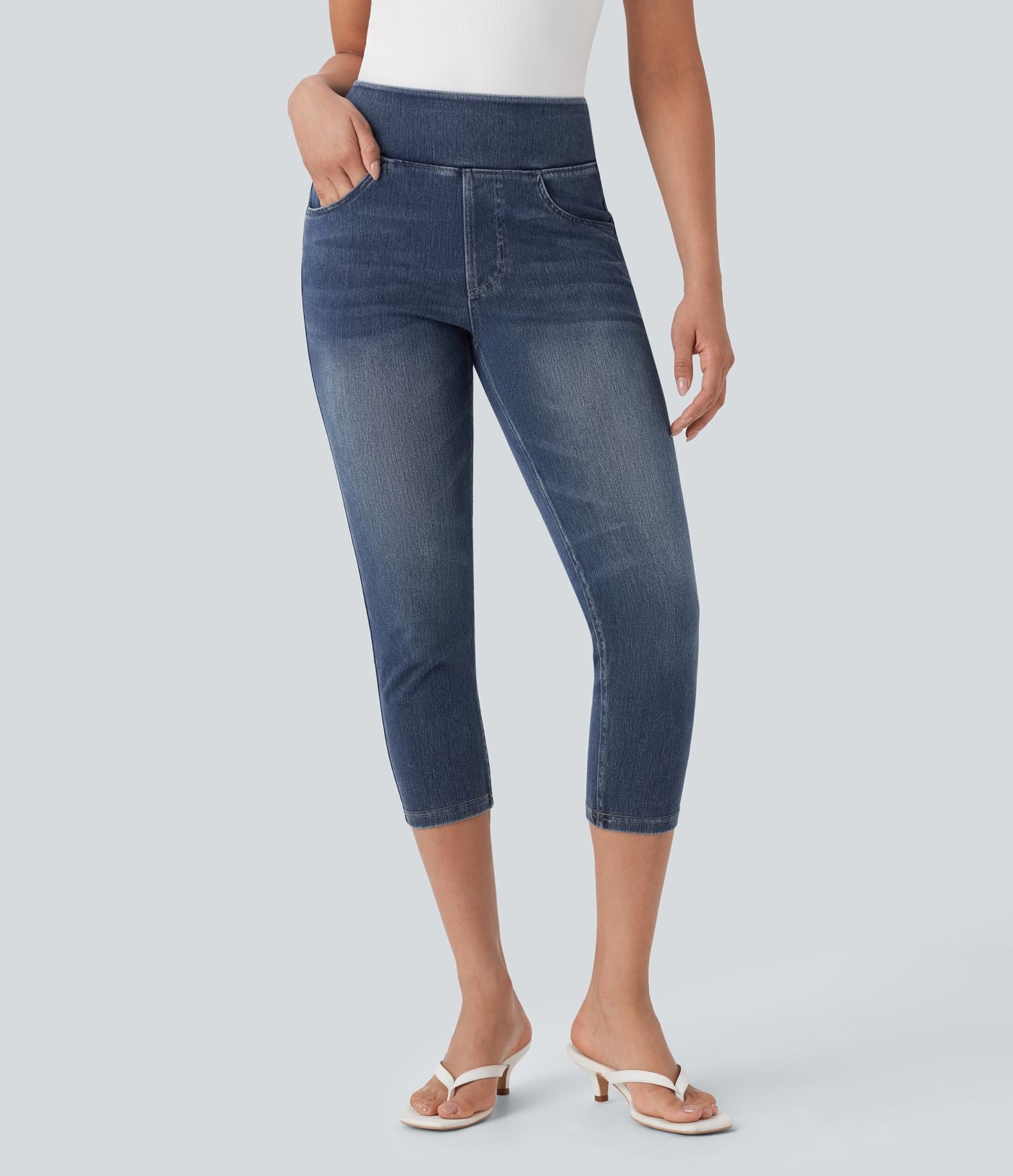 Leggings capri Halara Flex™ en jean extensible tricoté à taille haute et poches