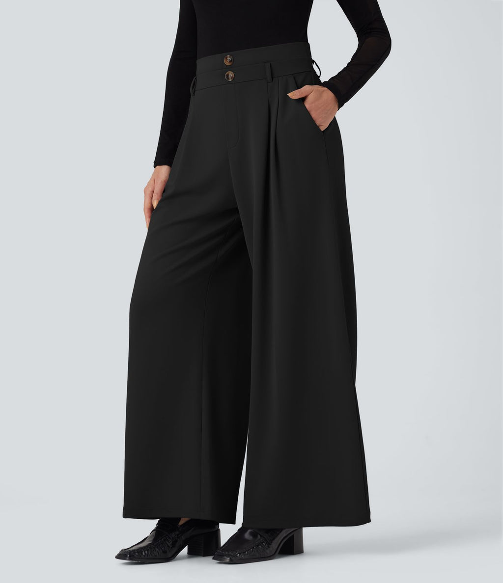 Pantalon de travail en crêpe à taille haute et jambes larges avec double ceinture et poches Halara Flex™