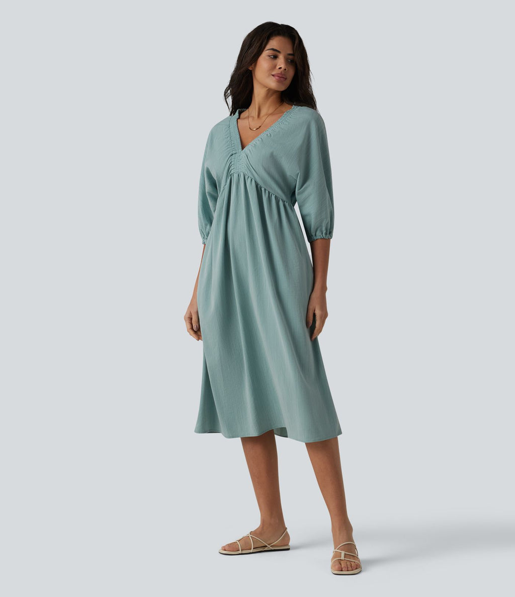 Robe midi casual col V à manches trois-quarts aspect lin, avec poches