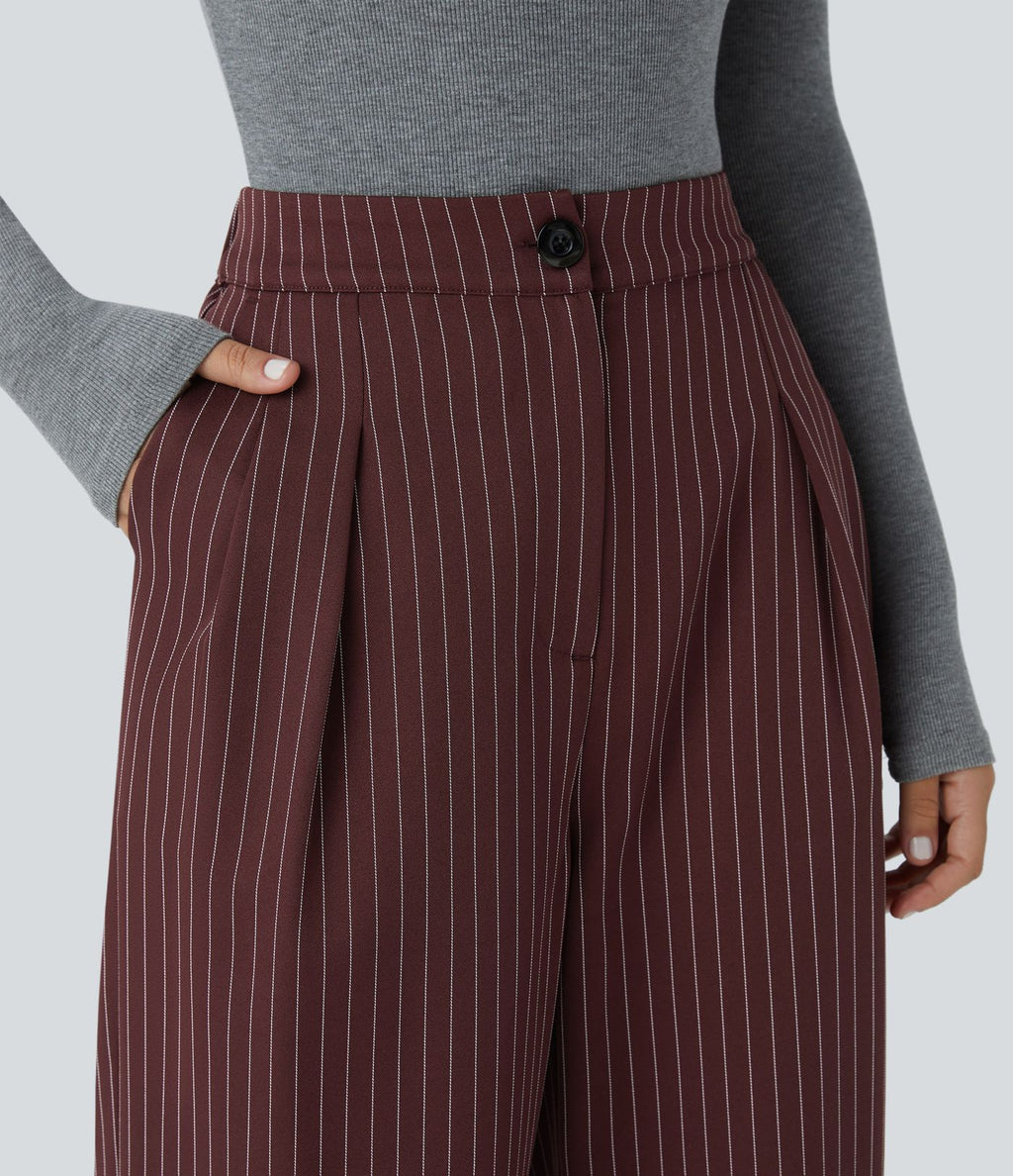 Pantalon Tailleur Large Fluide à Rayures, Taille Haute, Bouton et Fermeture Éclair, Poches Latérales