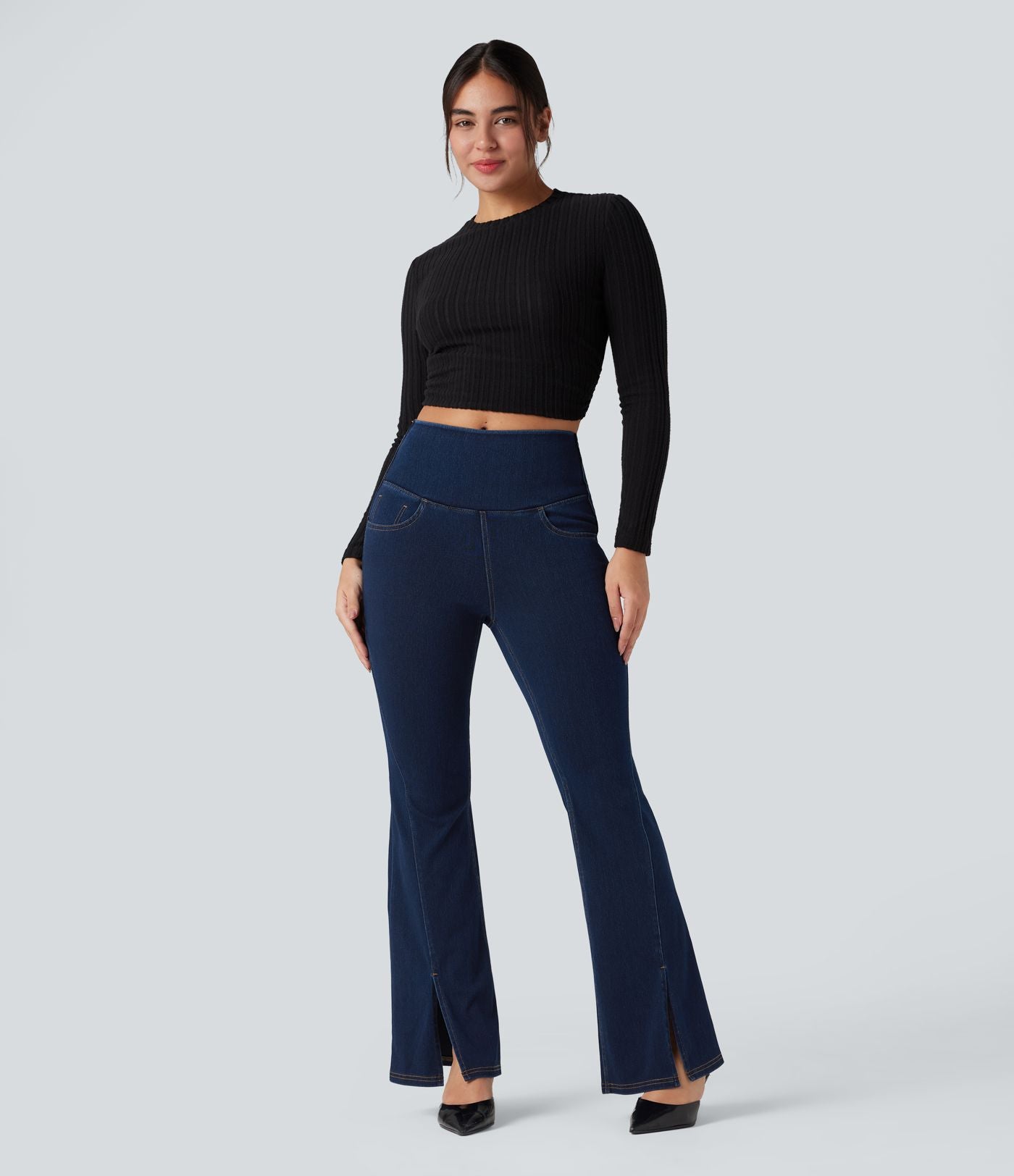 Legging denim évasé Halara Flex™ taille haute dos croisé fendu avec poches