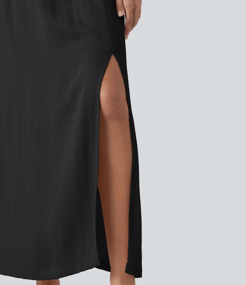 Jupe maxi effet lin taille haute avec fente à l’ourlet et poches