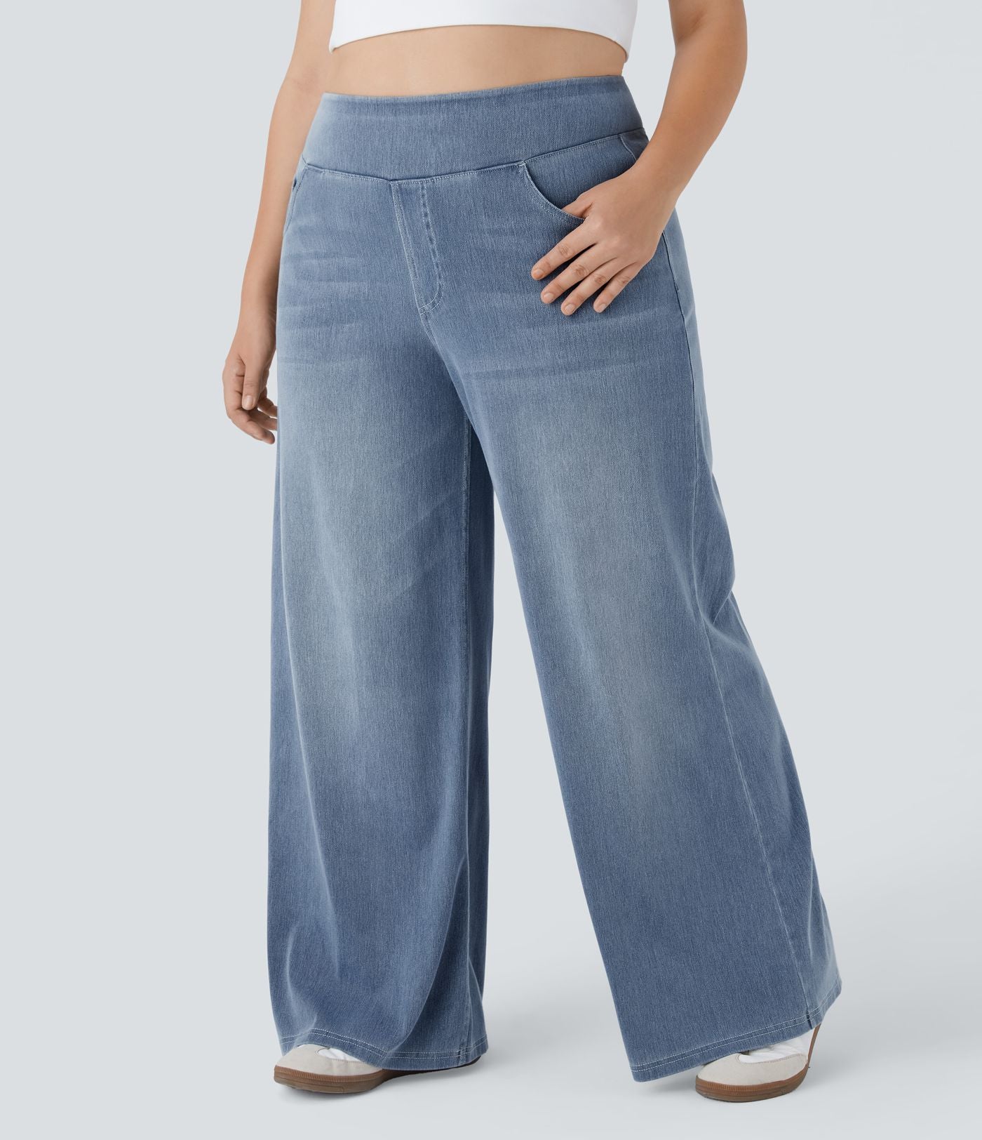 Halara Flex™ Jeans Larges Casual Taille Haute Multiples Poches Lavés Élastiques et Tricotés Grande Taille