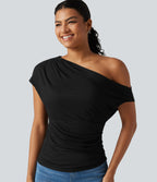 T-shirt côtelé asymétrique avec fronces et coussinets amovibles