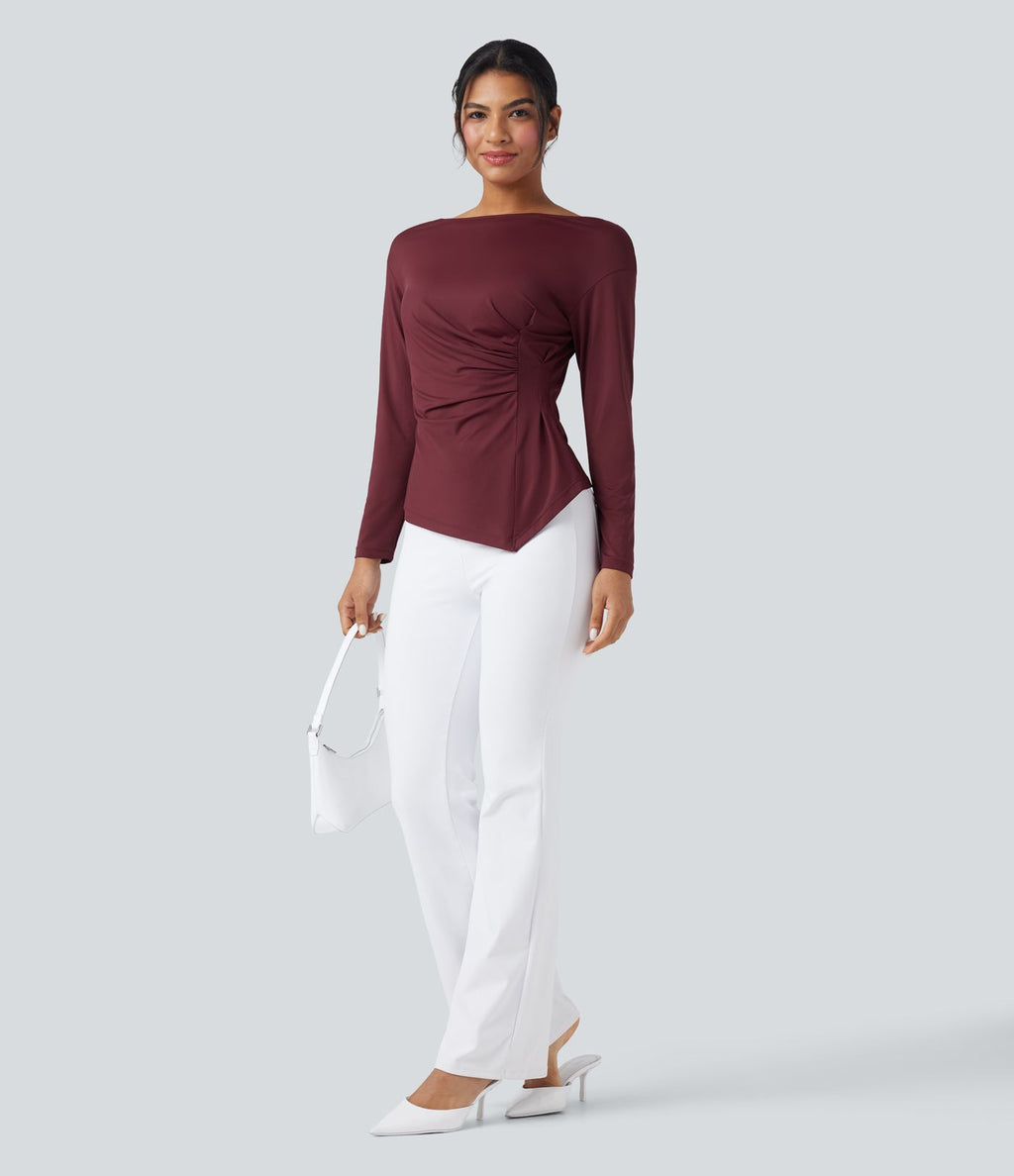 Blouse de travail ajustée col bateau manches longues froncée à ourlet asymétrique