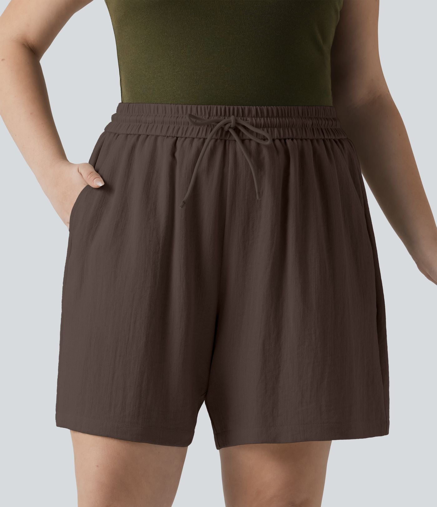 Short casual aspect lin grande taille taille haute avec cordon de serrage et poches
