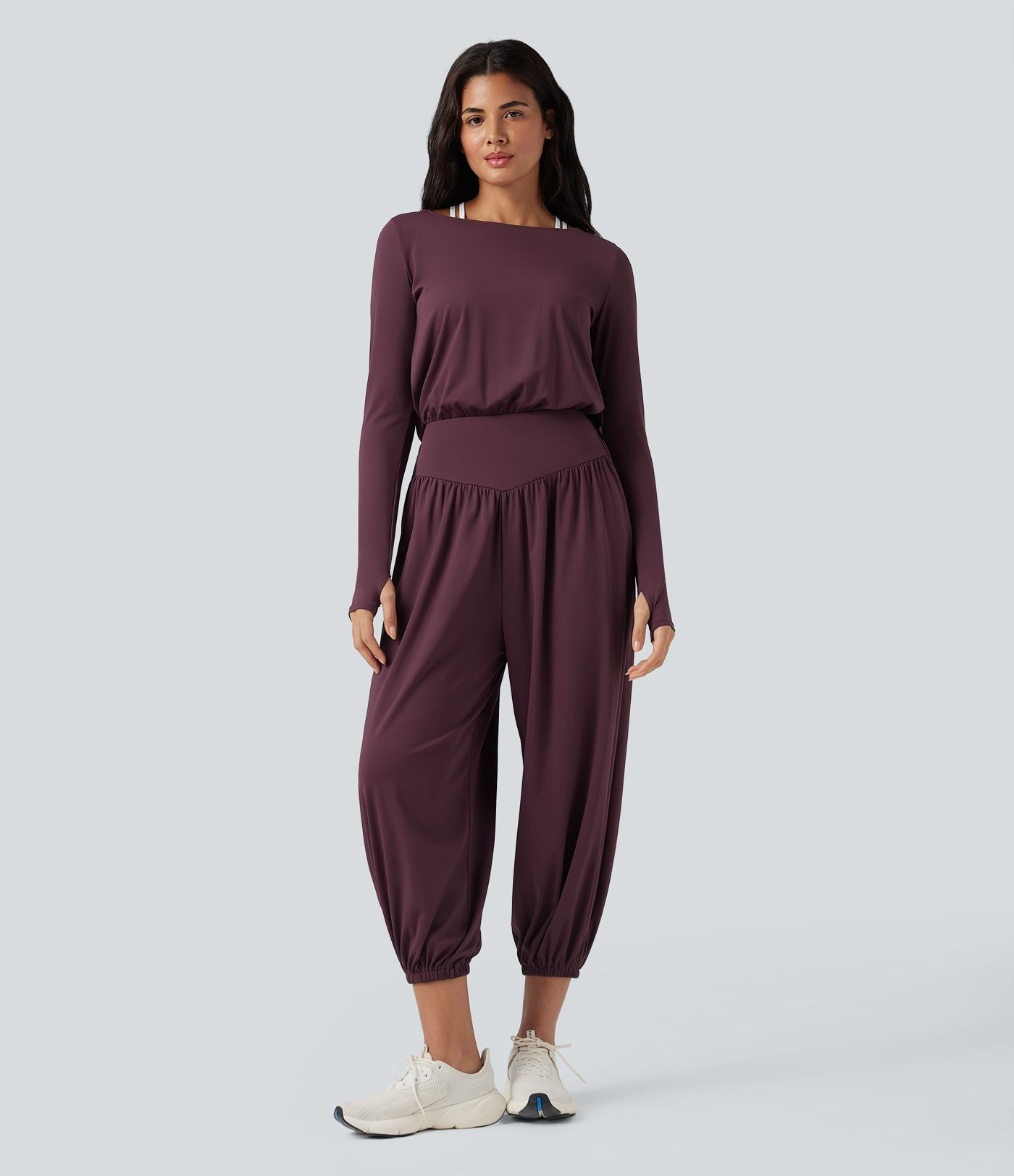 Combinaison de yoga SoftlyZero™ aérée dos découpé manches longues à trous pouces avec poches - Easy Peasy
