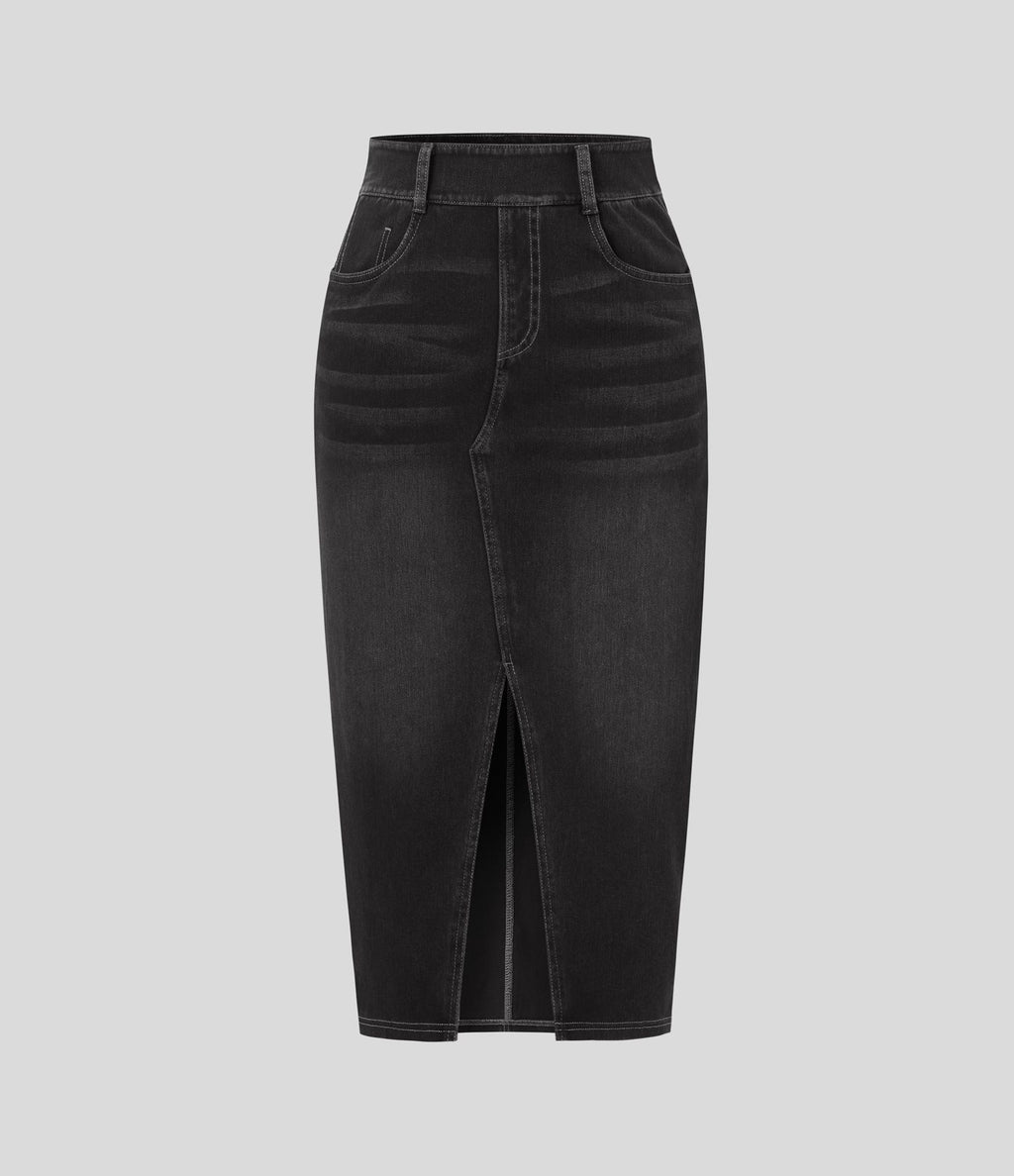 Halara Flex™ Jupe en Jean Casual Mi-Longue Délavé Extensible Plusieurs Poches Taille Haute