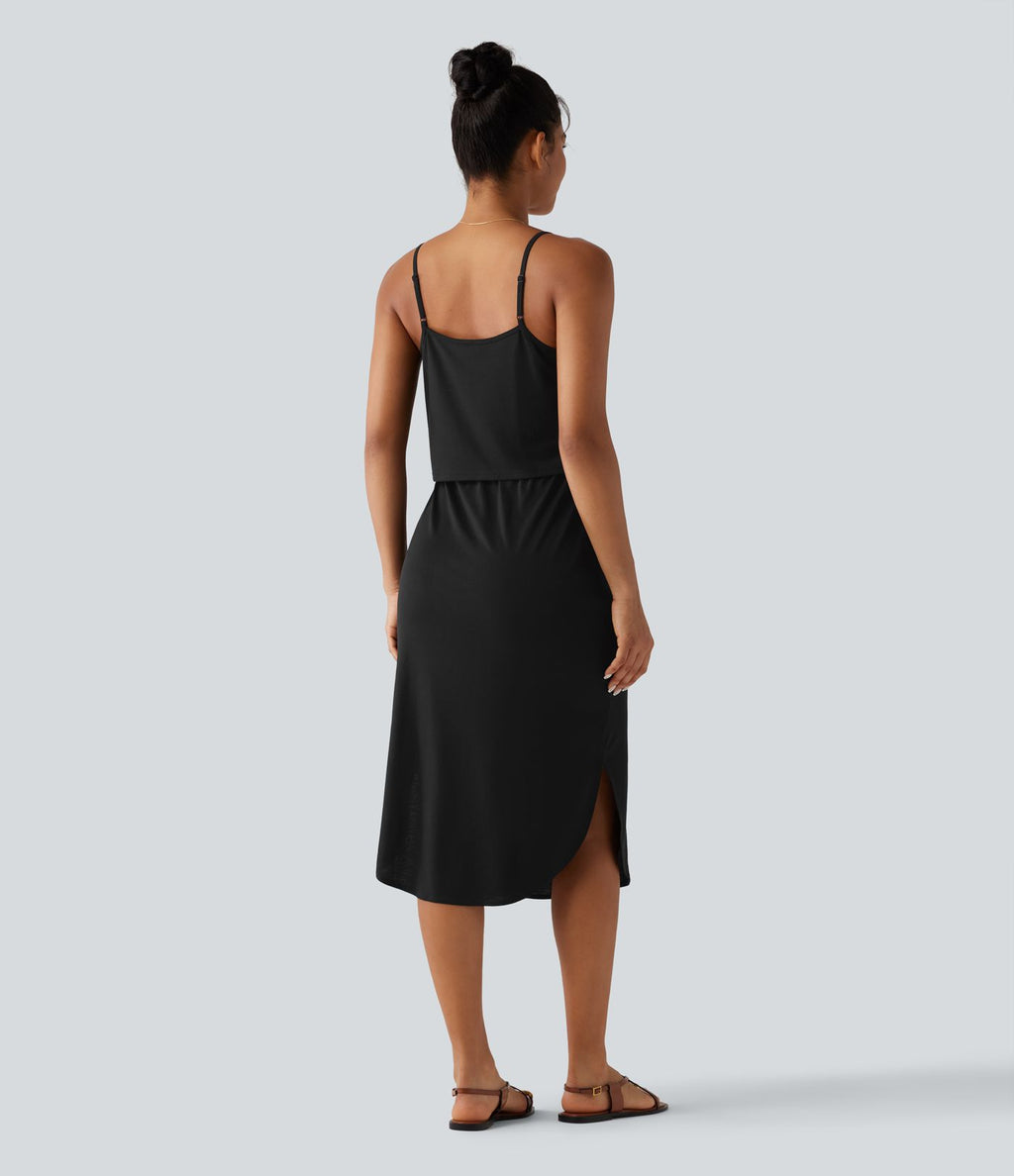 Robe nuisette midi casual à ourlet courbé fendu et cordon de serrage