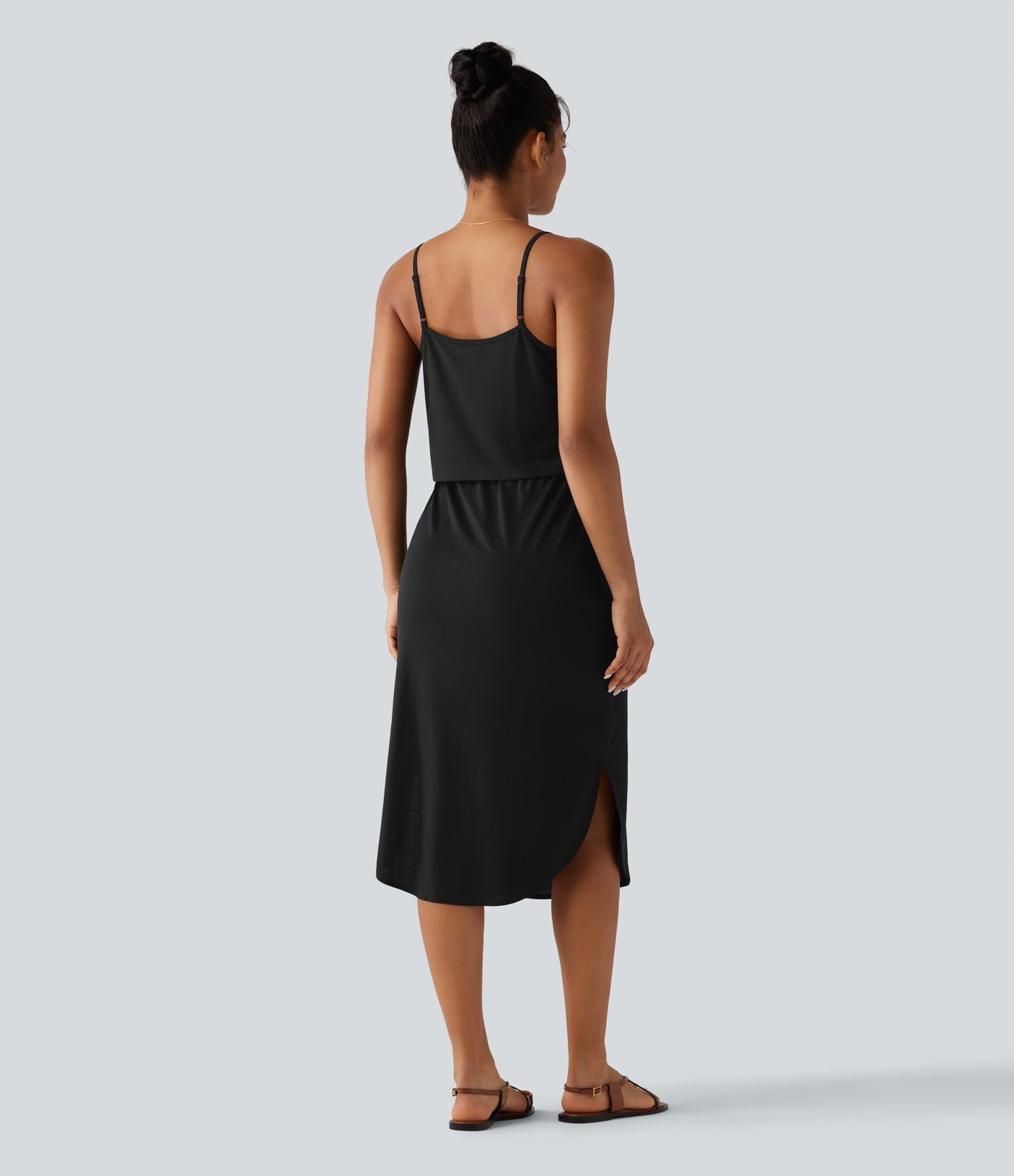 Robe nuisette midi casual à ourlet courbé fendu et cordon de serrage