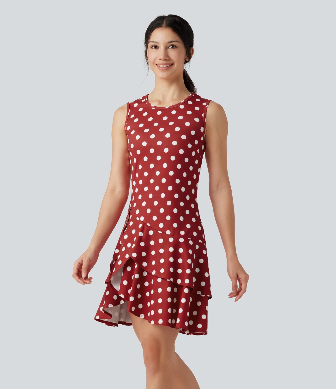 Robe mini casual à pois col rond sans manches ourlet à volants superposés