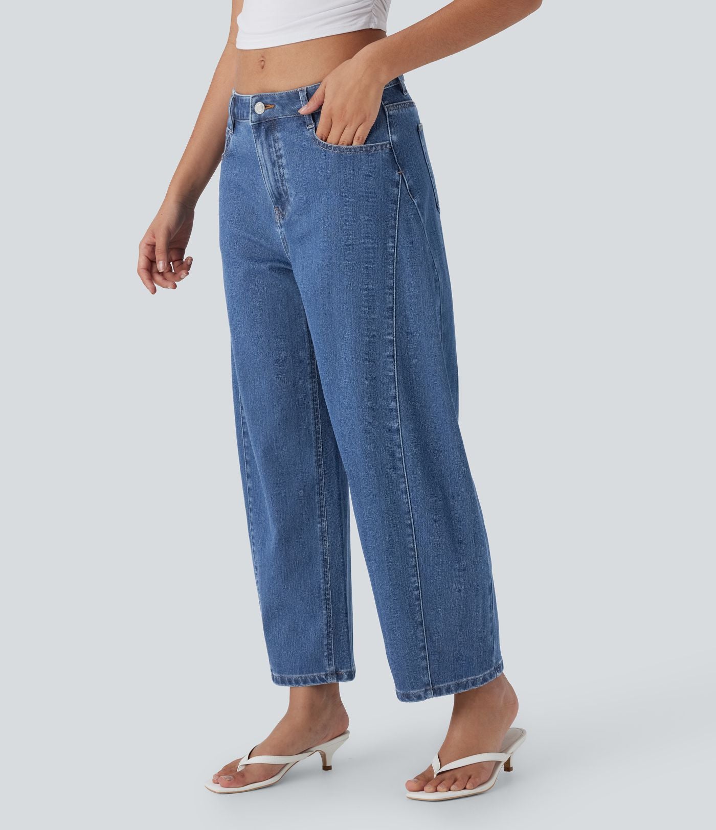 Jean Barrel 7/8 décontracté taille mi-haute délavé Halara Flex™ avec poches