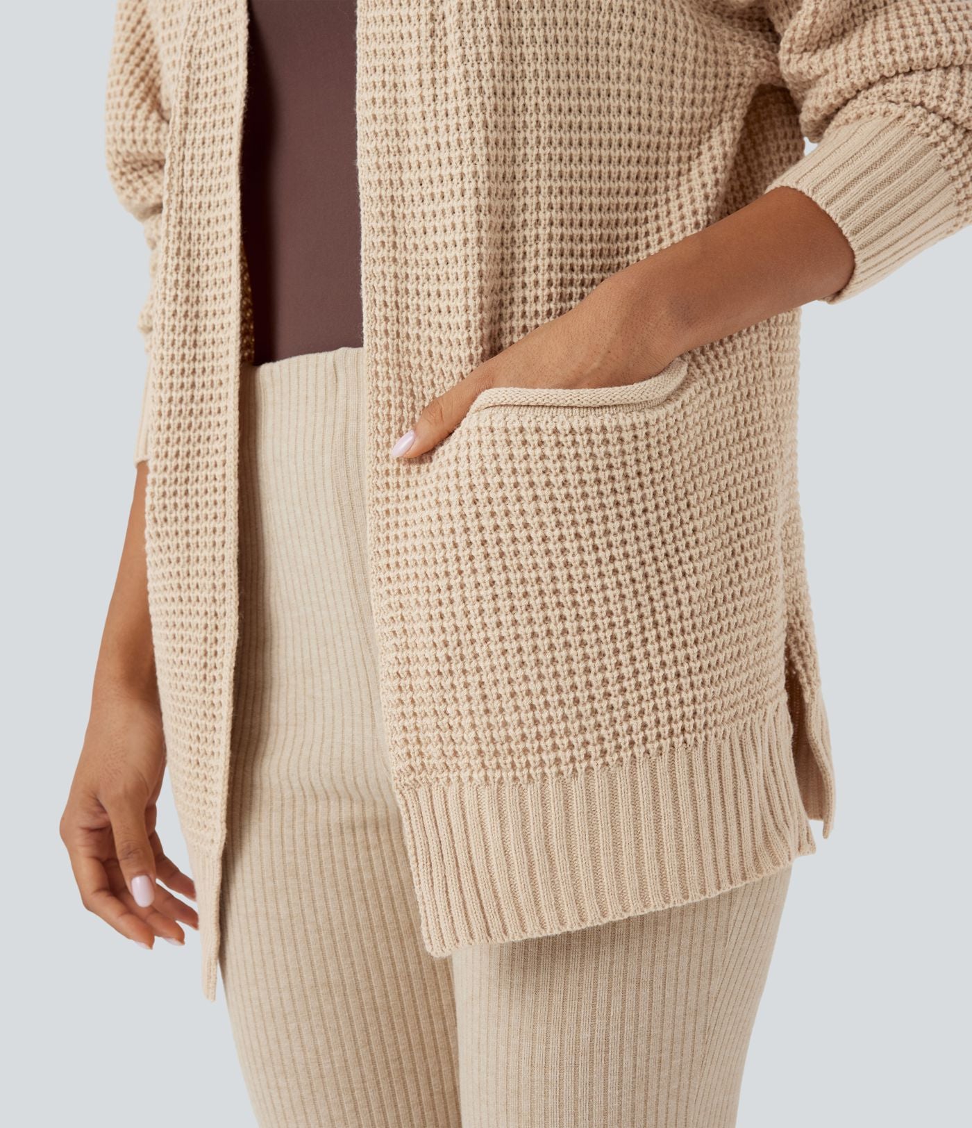 Cardigan décontracté gaufré manches longues avec poches