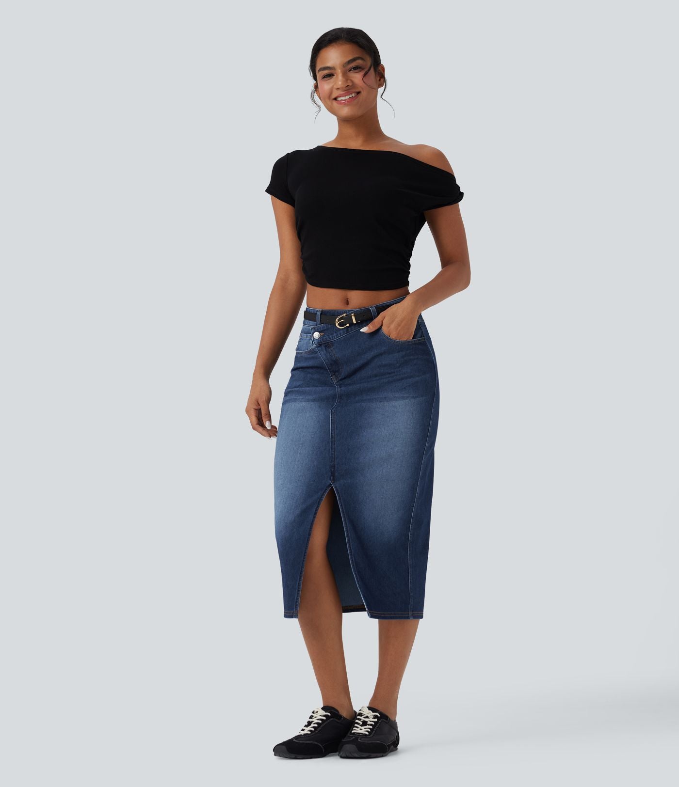 Jupe décontractée denim moulante Halara Flex™ asymétrique taille mi-haute avec fente et poches