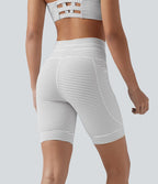 Short cycliste de yoga taille haute à rayures avec cordon de serrage 17,5 cm et poches