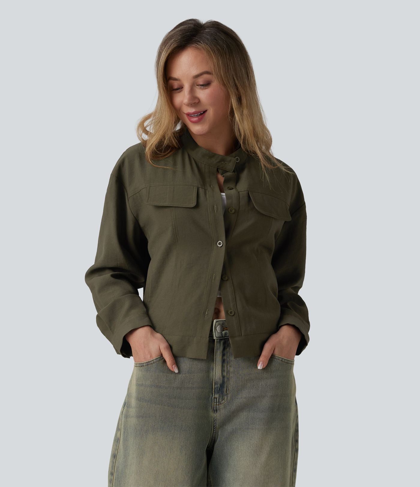 Veste cargo casual col montant manches longues avec poches