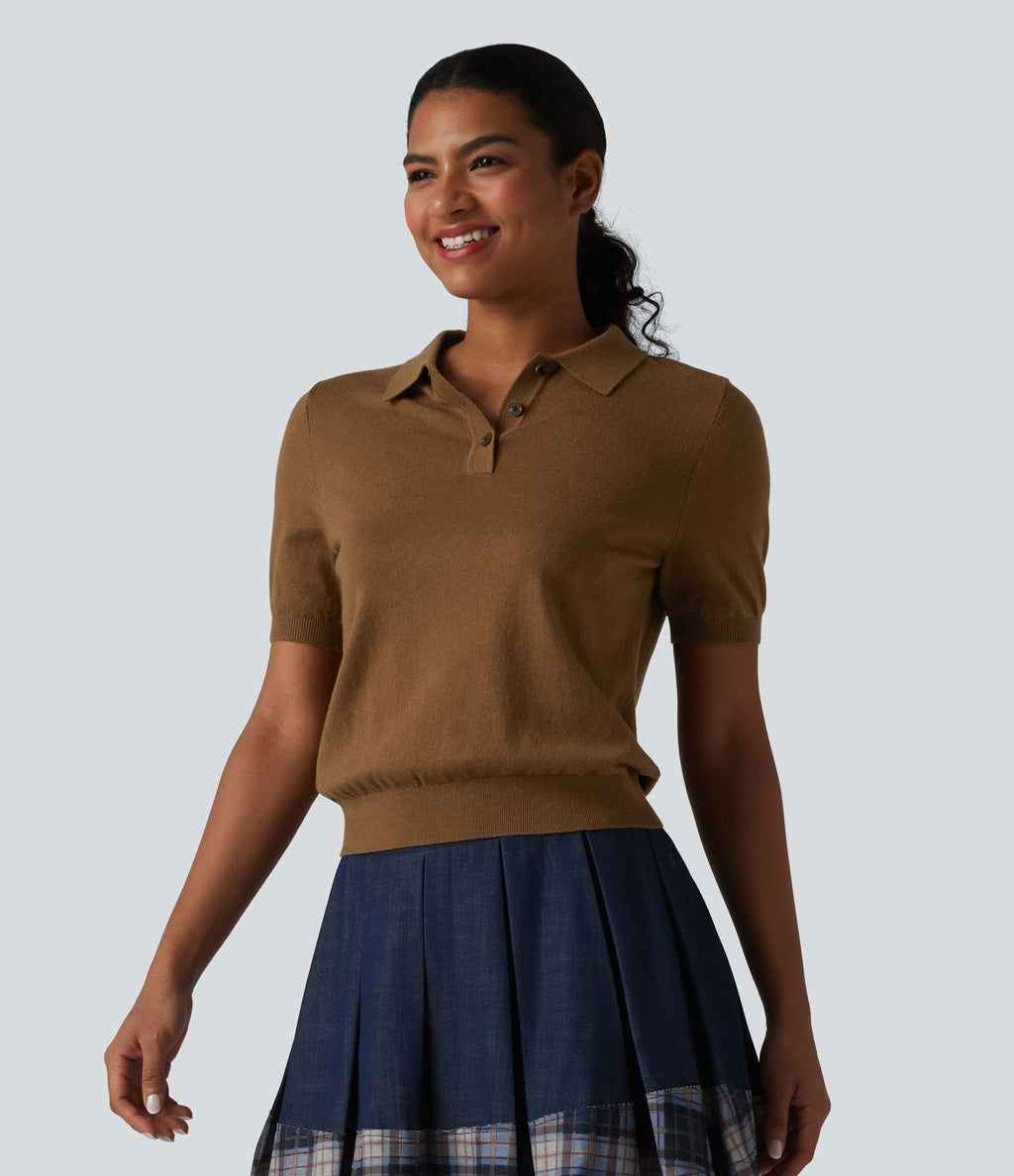 Pull décontracté col polo manches courtes en mélange de laine