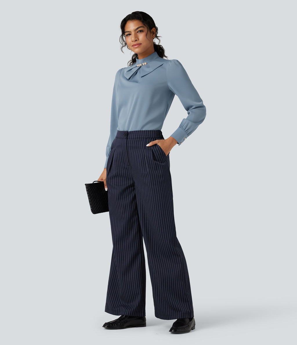 Chemise esprit bureau défroissage facile avec col lavallière, manches longues bouffantes et zip invisible au dos