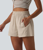 Short ample décontracté taille haute en lyocell et lin mélangés, avec poches