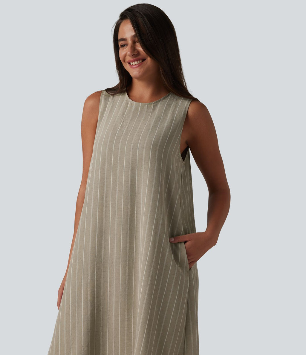 Robe décontractée midi col rond sans manches à rayures dos ajouré avec poches