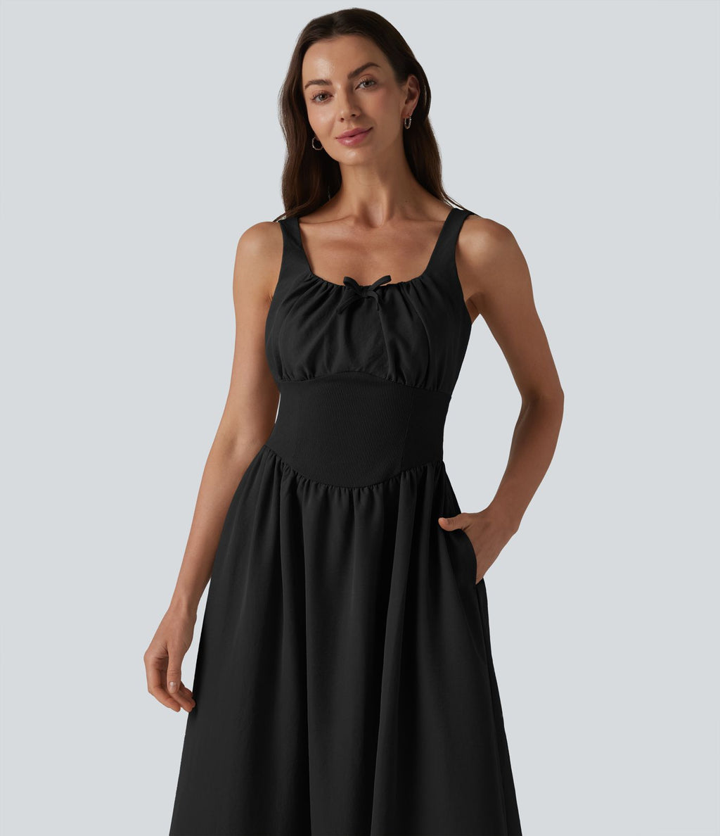 Robe midi décontractée à corset lacé et col carré avec poches