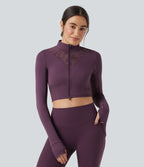 Veste de yoga SoftlyZero™ dentelle contrastante double zip à trous pouces - UPF50+