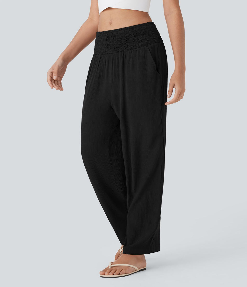 Pantalon de Vacances Taille Moyenne avec Fronces et Poches Latérales  et Aspect Lin