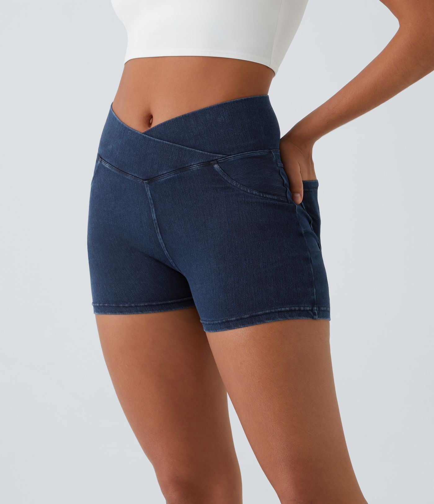 Halara Flex™  Shorts 7,5cm Denim Casual Taille Haute Poches Latérales Croisées en Maille Extensible