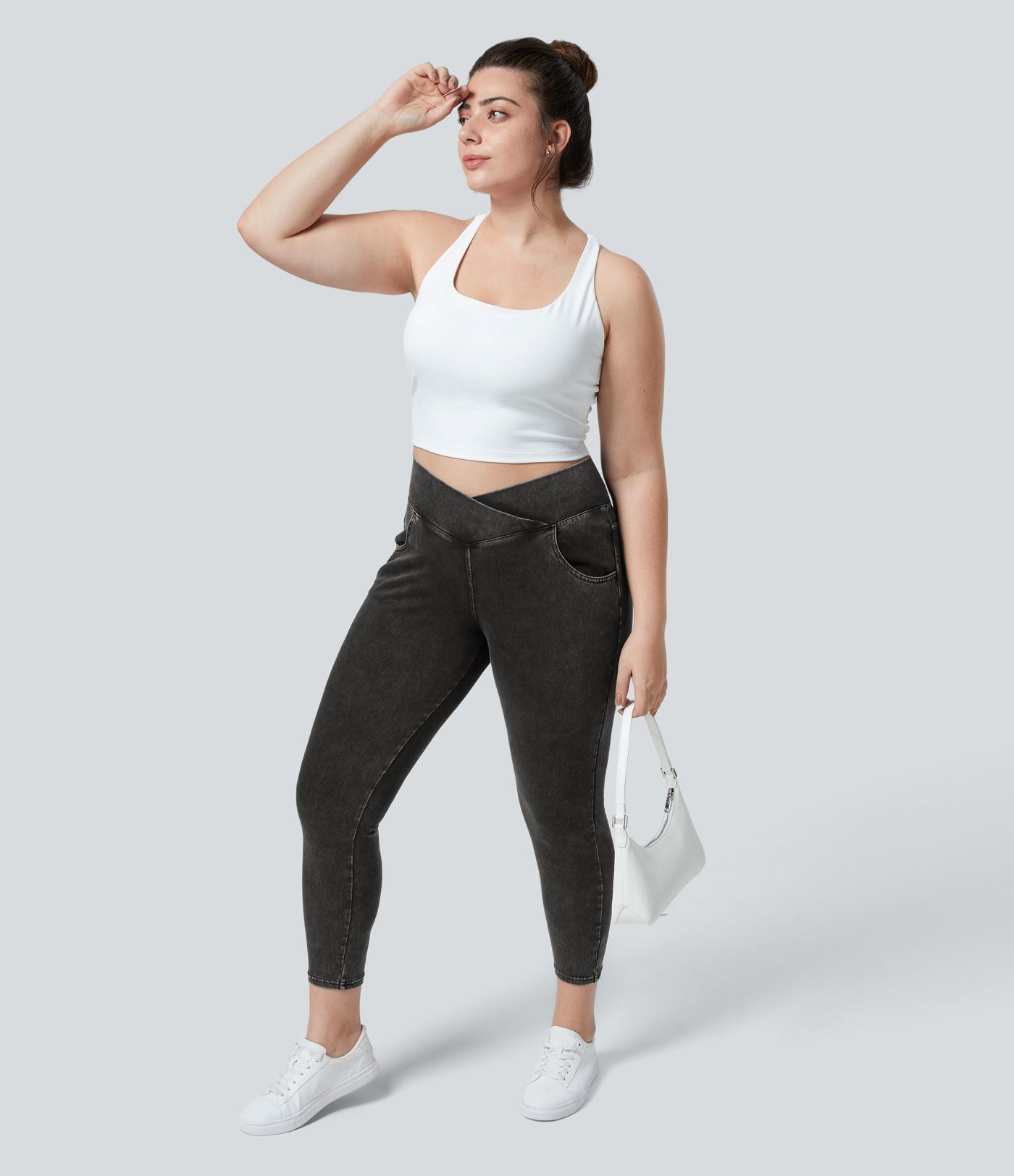 Halara Flex™ Legging Travail  7/8 Taille Croisée en Denim Tricot Extensible Taille Haute Poches Multiples Grande Taille