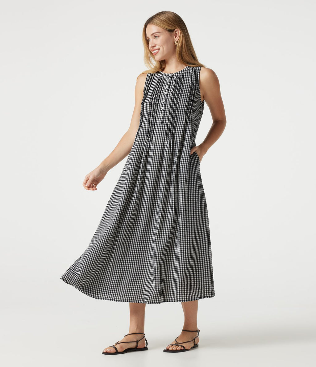 Robe casual midi à carreaux toucher lin col rond sans manches à poches
