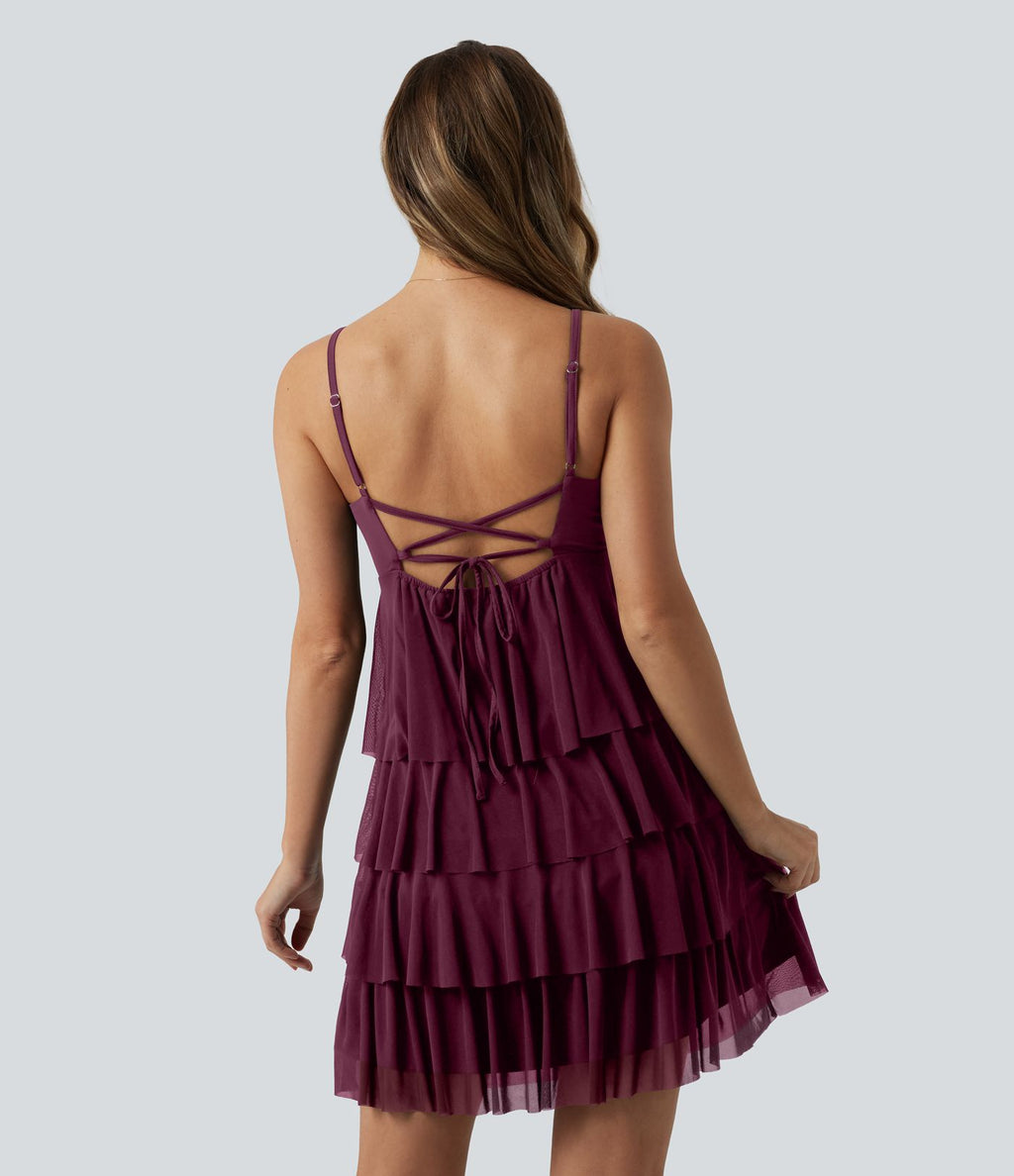 Robe nuisette courte décontractée à volants, dos nu croisé, empiècement en résille, brassière intégrée et poches