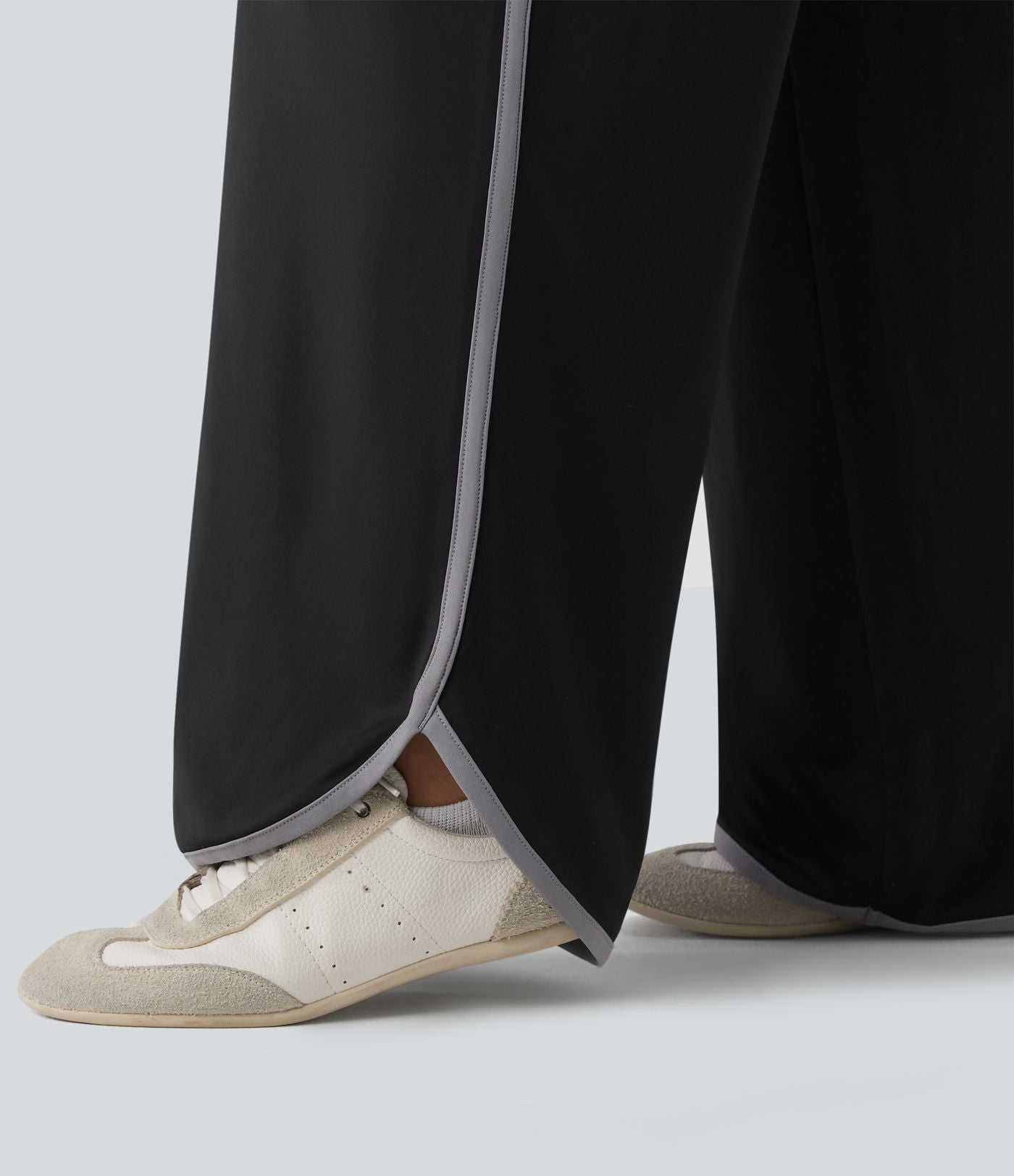 Pantalon large casual color block taille haute à ourlet arrondi avec poches